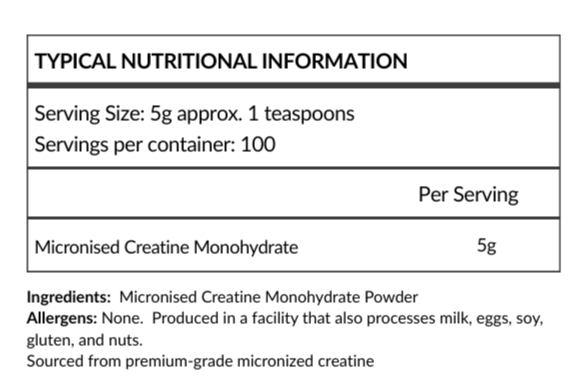 Back of a creatine supplement packaging with nutritional information, benefits, and directions for use.