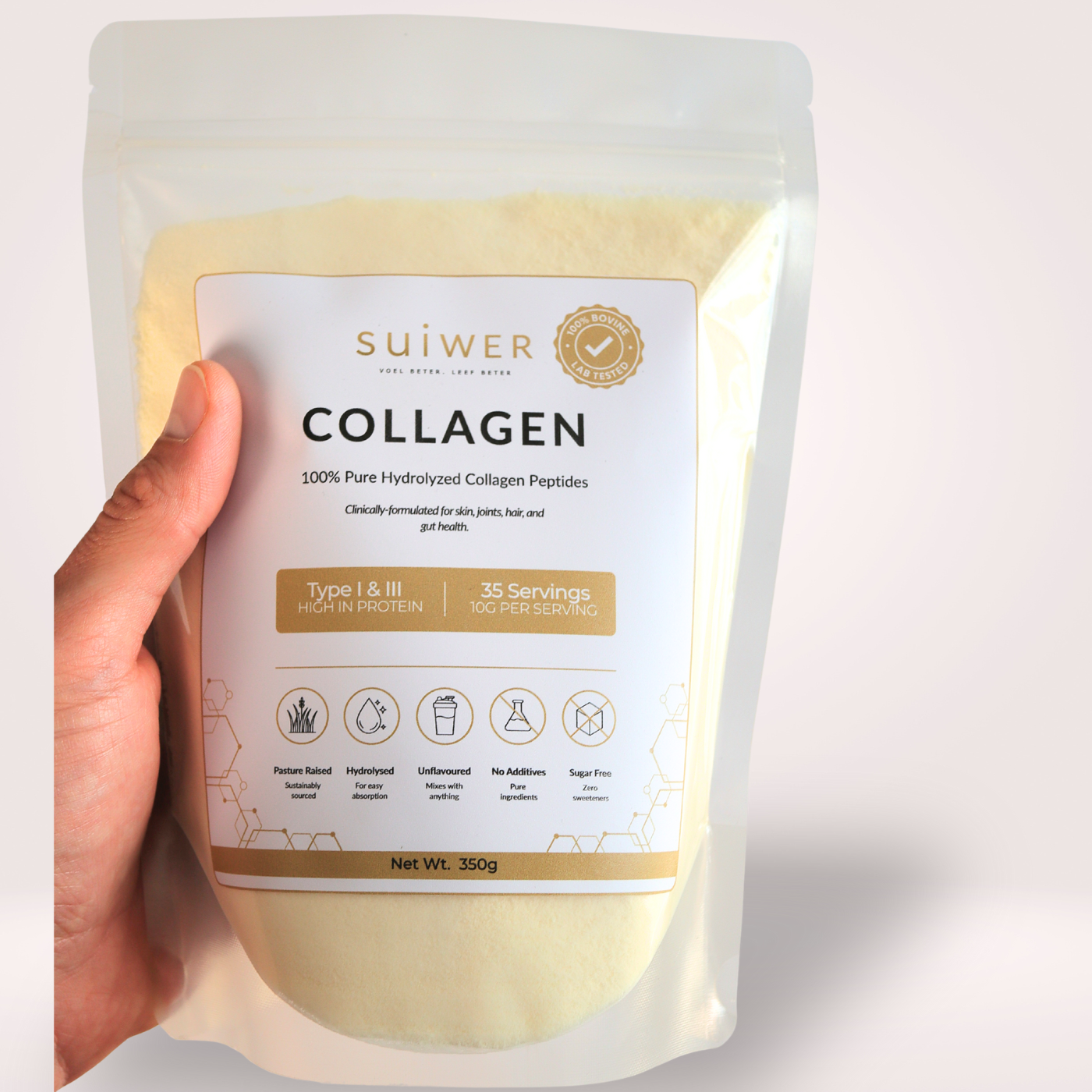 Hand holding a package of Suiwer Collagen on a soft coloured background
