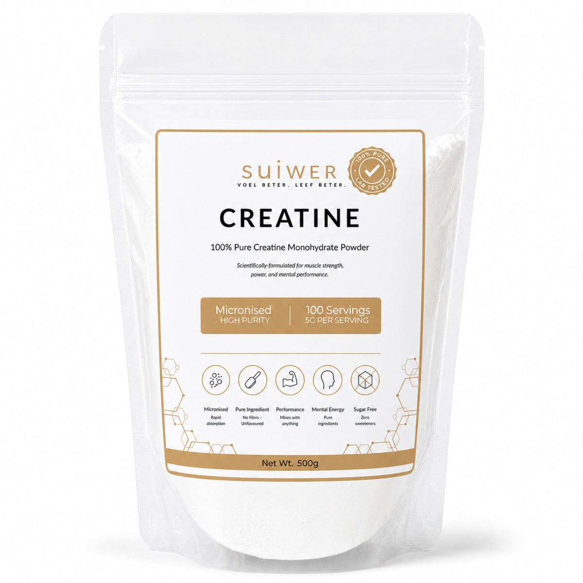 A 500g stand-up pouch of Suiwer Creatine powder, featuring a white packaging design with a gold and brown label, set against a plain white background.