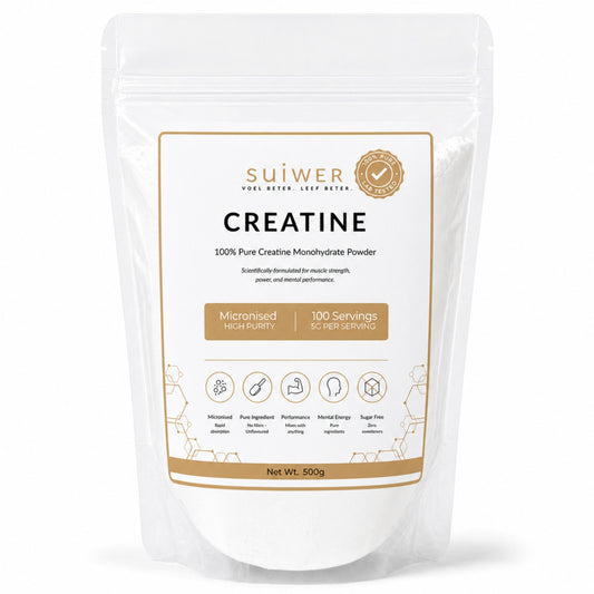 A 500g stand-up pouch of Suiwer Creatine powder, featuring a white packaging design with a gold and brown label, set against a plain white background.