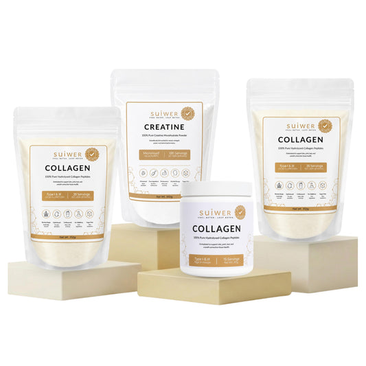 Four SUIWER supplement containers arranged on beige display blocks against a white background: two stand-up pouches labeled Collagen, one tub labeled Creatine, and one jar labeled Collagen. The products are shown cleanly with no people or real environment.