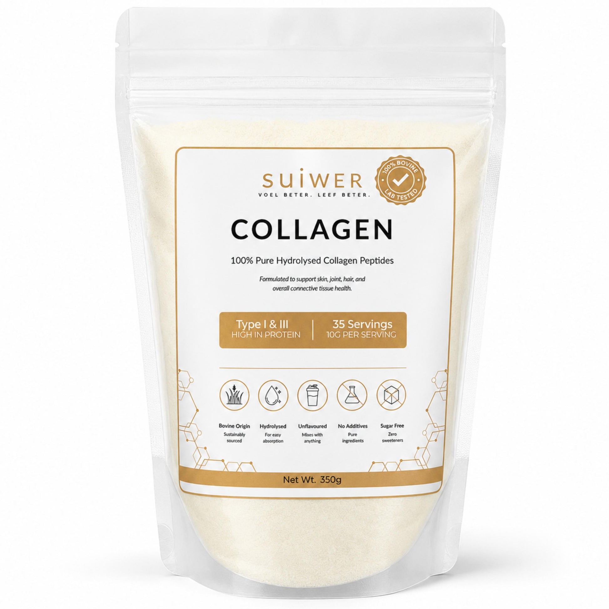 A 350g stand-up pouch of Suiwer Collagen powder, featuring a white and gold label on a clean white background.